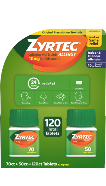 지르텍 오리지널 24시간 알러지 완화제 [70정+50정=120정] 대용량 (Zyrtec Antihistamine 10mg Allergy 120 Tablets)