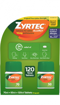 지르텍 오리지널 24시간 알러지 완화제 [70정+50정=120정] 대용량 (Zyrtec Antihistamine 10mg Allergy 120 Tablets)